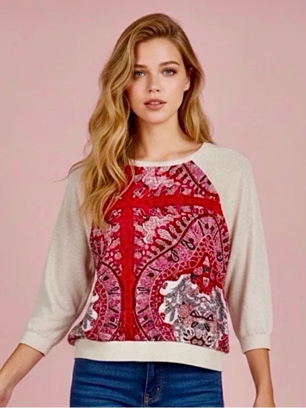 TINY Anthropologie Lightweight Sweater Top Raglan Sleeve Boho Bandana Paisley M